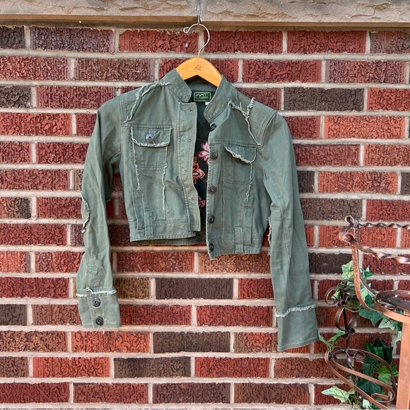Ashley Jackets & Blazers - Ashley Khaki Olive Green Distressed Hem Cropped Pink Floral Embroidered Jacket